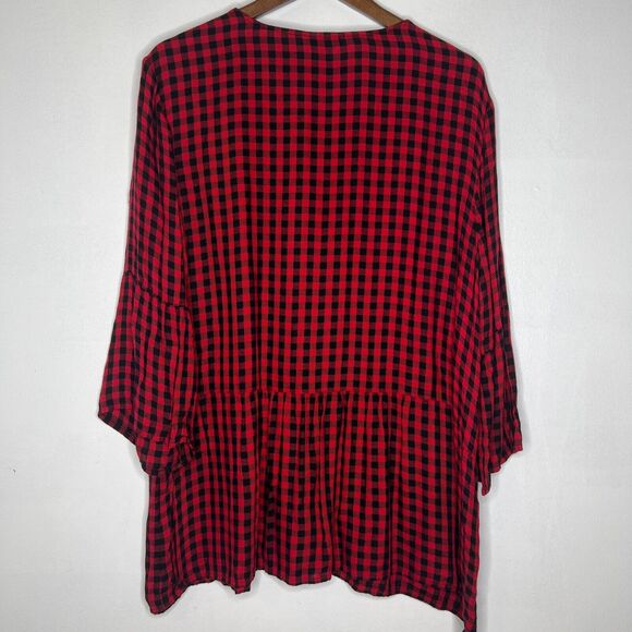 J Jill Women's XL Red Black Buffalo Plaid Button Down Peplum Blouse - Picture 8 of 10